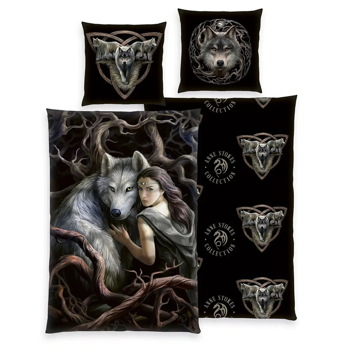 Anne Stokes Bettwäsche-Set Wolf mit Frau und Wolf Artwork und Logo-Wendeseite