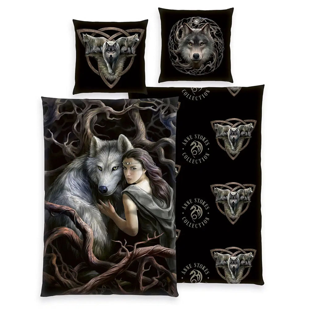 Anne Stokes Bettwäsche-Set Wolf mit Frau und Wolf Artwork und Logo-Wendeseite