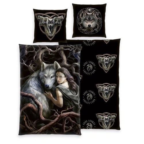 Anne Stokes Bettwäsche-Set Wolf mit Frau und Wolf Artwork und Logo-Wendeseite