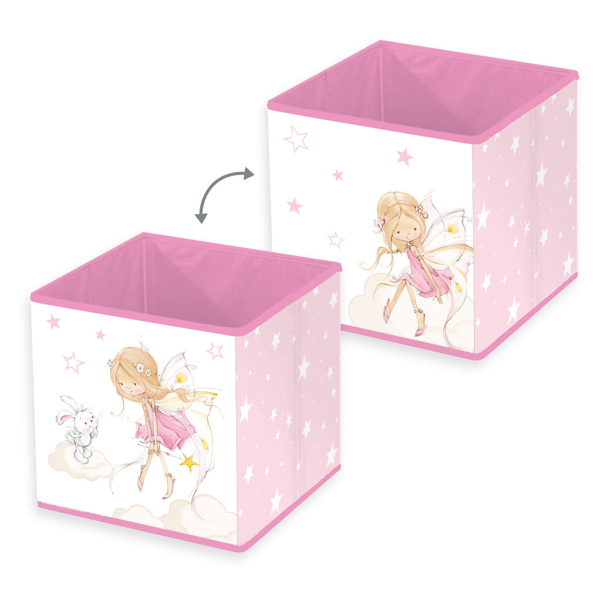 Zwei Ansichten der Aufbewahrungsbox ‘Little Fairy’: Fee mit Häschen sowie sitzende Fee