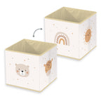 Zwei Ansichten der Aufbewahrungsbox ‘Little Friends’: Bär und Giraffe sowie Regenbogen und Sonne