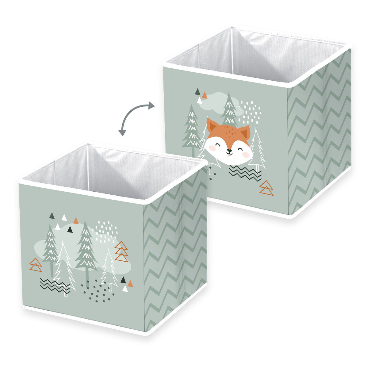 Zwei Ansichten der Aufbewahrungsbox ‘Nordic Forest’: Tannen vorn und Fuchs hinten