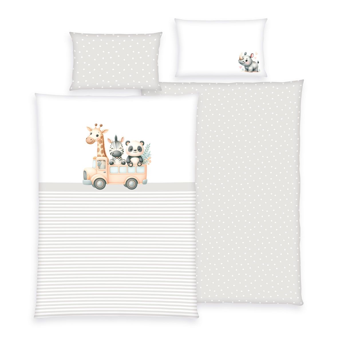 babybest Bettwäsche-Set ‘Adventure Buddies’ 100 x 135 cm: Bettbezug weiß mit Giraffe, Zebra und Panda im Auto und grauen Streifen, Wendeseite hellgrau mit Punkten, Kissen 40 x 60 cm mit Nashorn