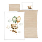 babybest Bettwäsche-Set ‘Ballon Teddy’ 100 x 135 cm: Bettbezug weiß mit Teddy und Ballons, Wendeseite beige gestreift, Kissen 40 x 60 cm mit Teddy
