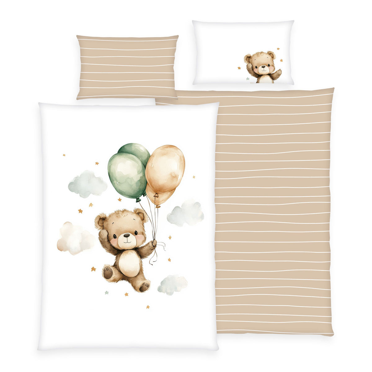 babybest Bettwäsche-Set ‘Ballon Teddy’ 100 x 135 cm: Bettbezug weiß mit Teddy und Ballons, Wendeseite beige gestreift, Kissen 40 x 60 cm mit Teddy