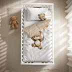 babybest Bettwäsche-Set ‘Ballon Teddy’ 100 x 135 cm mit Kissenbezug 40 x 60 cm im Gitterbett, Draufsicht mit gestreifter Wendeseite