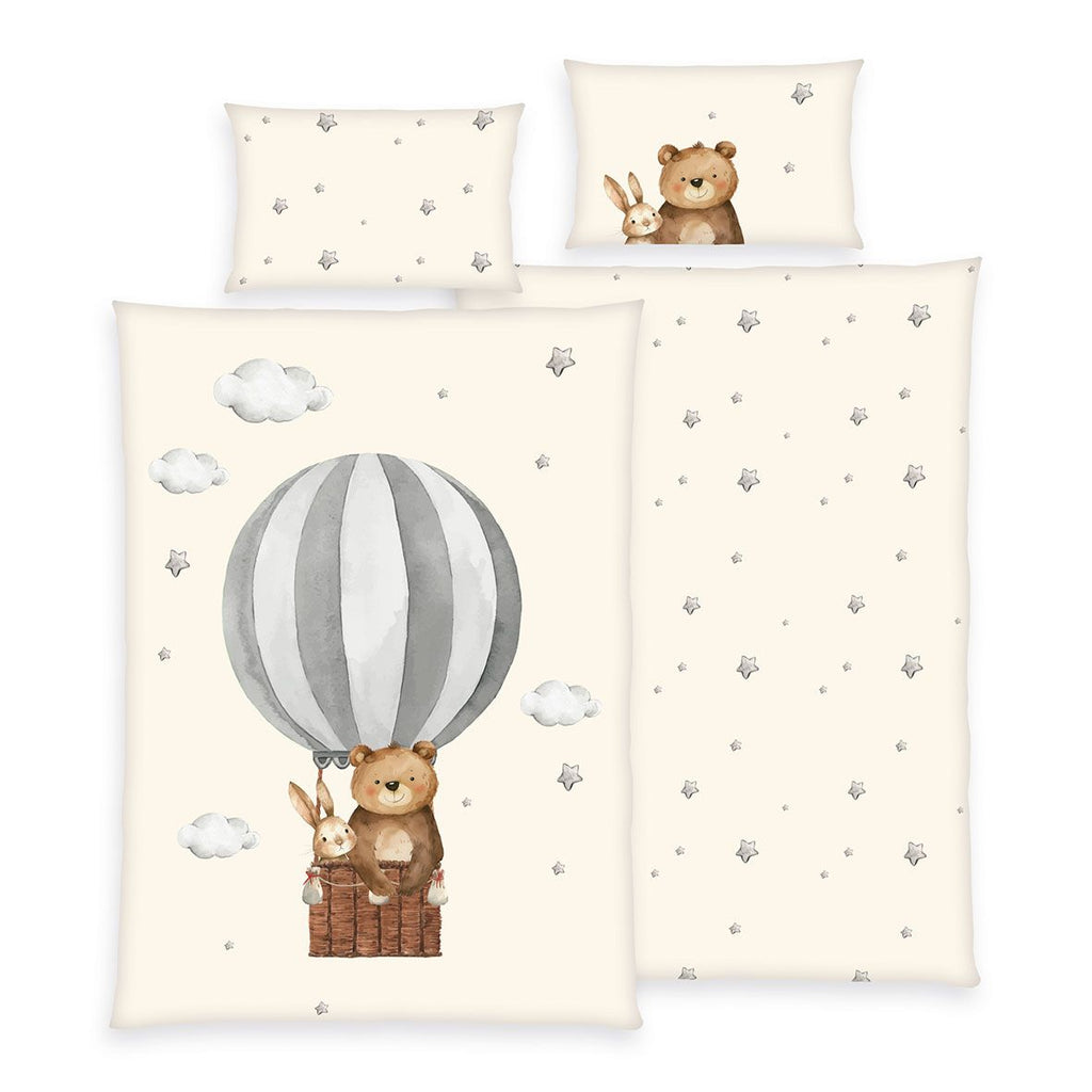 babybest Bettwäsche-Set ‘Ballonfahrt’ 100 x 135 cm: Bettbezug creme mit Bär und Hase im Heißluftballon, Wendeseite creme mit Sternen, Kissen 40 x 60 cm