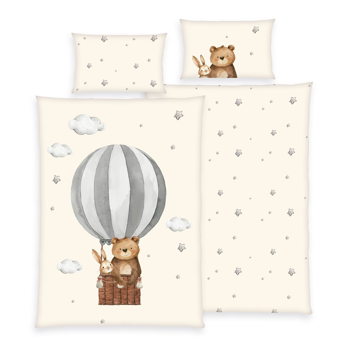 babybest Bettwäsche-Set ‘Ballonfahrt’ 100 x 135 cm: Bettbezug creme mit Bär und Hase im Heißluftballon, Wendeseite creme mit Sternen, Kissen 40 x 60 cm