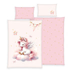 babybest Bettwäsche-Set ‘Einhornzauber’ 100 x 135 cm: Bettbezug zartrosa mit Einhorn auf der Wolke, Wendeseite rosa mit goldenen Sternen, Kissen 40 x 60 cm mit Stern