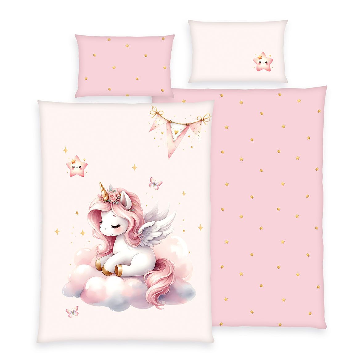 babybest Bettwäsche-Set ‘Einhornzauber’ 100 x 135 cm: Bettbezug zartrosa mit Einhorn auf der Wolke, Wendeseite rosa mit goldenen Sternen, Kissen 40 x 60 cm mit Stern