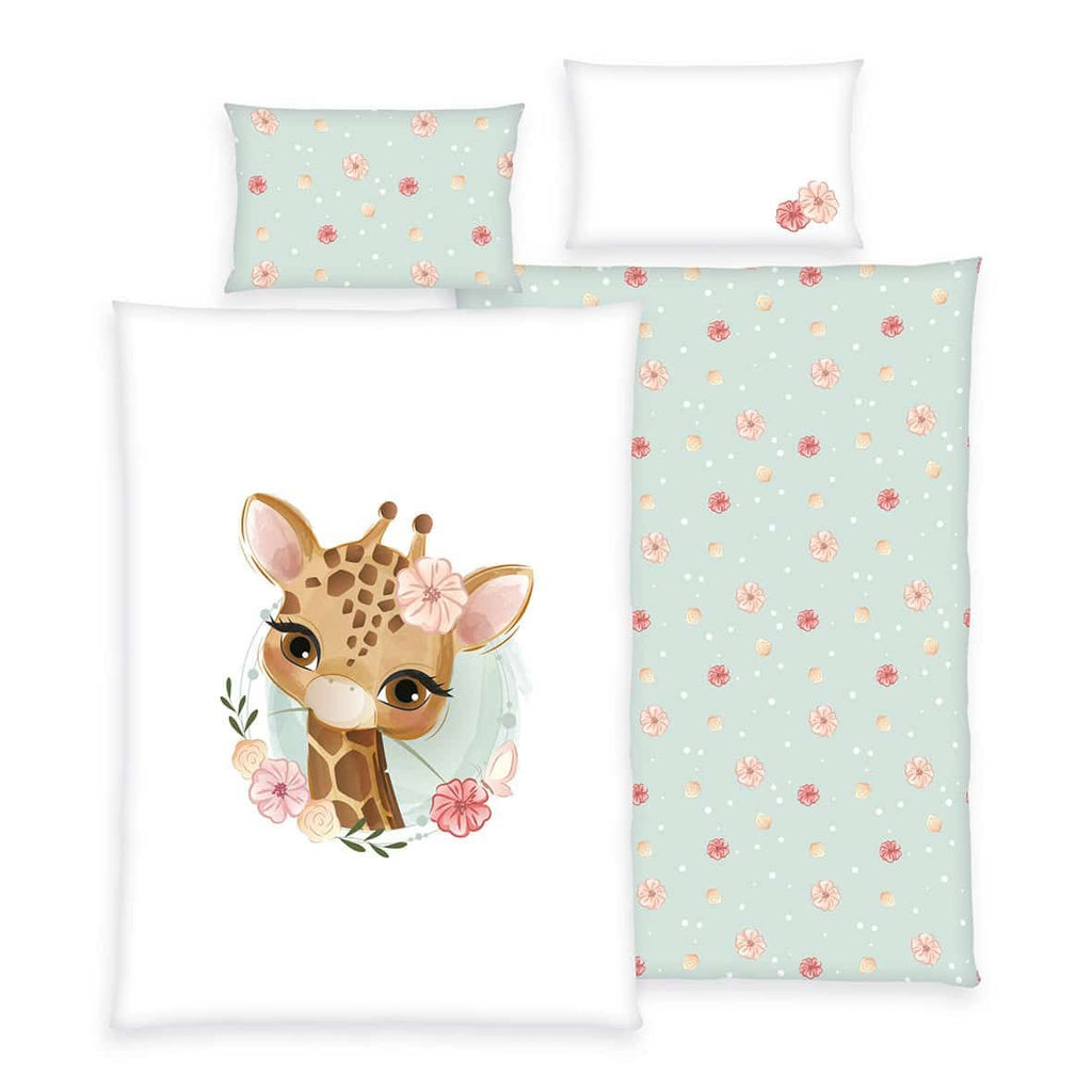 babybest Bettwäsche-Set ‘Giraffe’ 100 x 135 cm: Bettbezug weiß mit Giraffe im Blütenkranz, Wendeseite mint mit Blüten, Kissen 40 x 60 cm