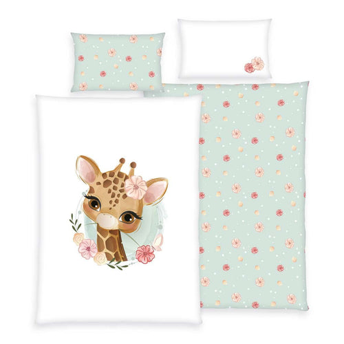 babybest Bettwäsche-Set ‘Giraffe’ 100 x 135 cm: Bettbezug weiß mit Giraffe im Blütenkranz, Wendeseite mint mit Blüten, Kissen 40 x 60 cm