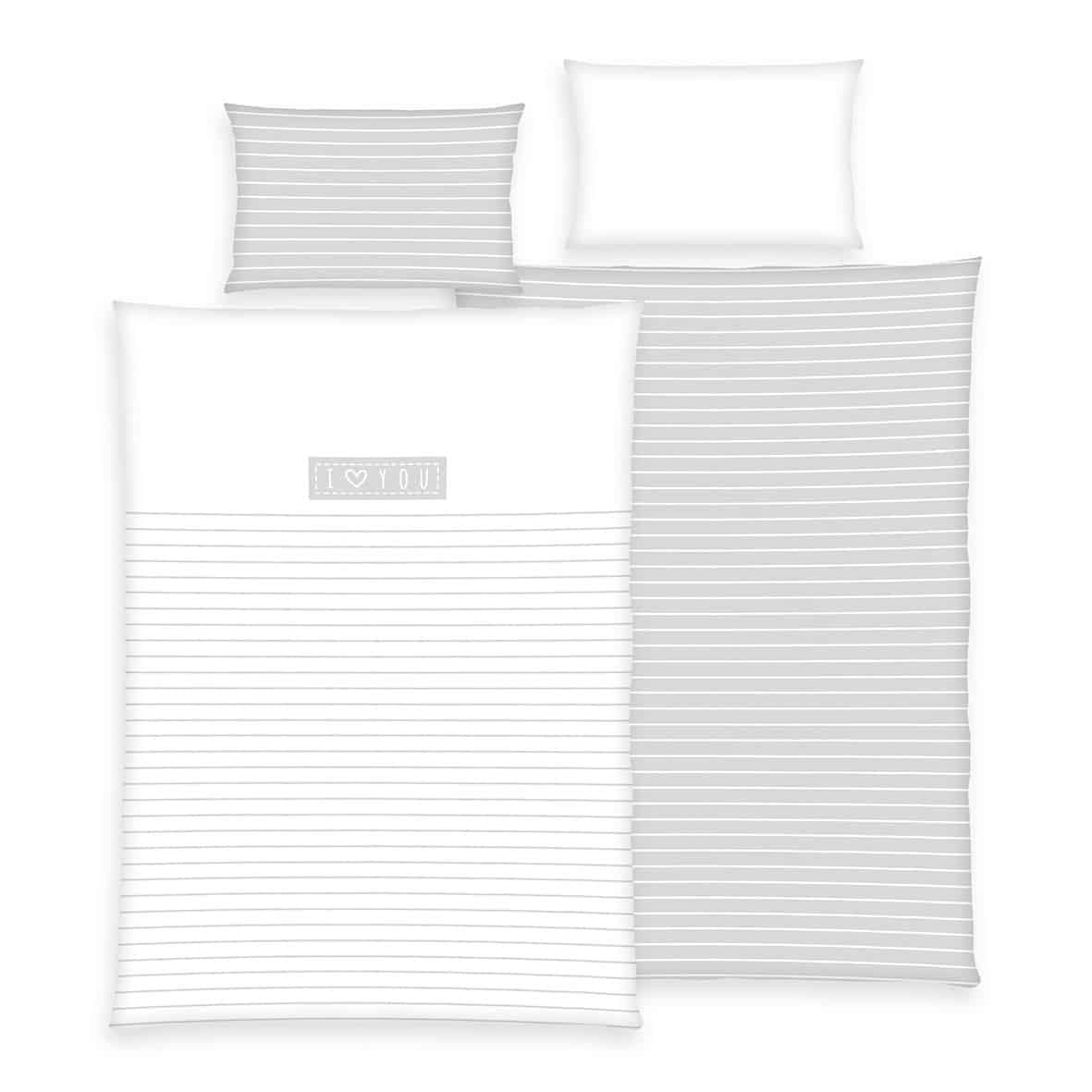 babybest Bettwäsche-Set ‘I love you’ 100 x 135 cm: Bettbezug weiß mit feinen grauen Streifen und Etikett, Wendeseite grau gestreift, Kissen 40 x 60 cm