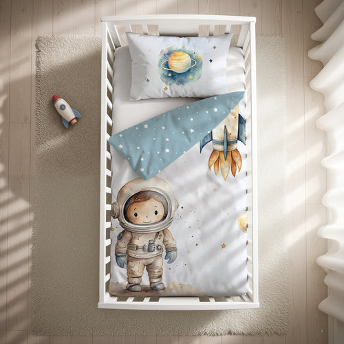 babybest Bettwäsche-Set ‘Kleiner Astronaut’ 100 x 135 cm mit Kissenbezug 40 x 60 cm im Gitterbett, Draufsicht mit umgeschlagener blauer Sternen-Wendeseite