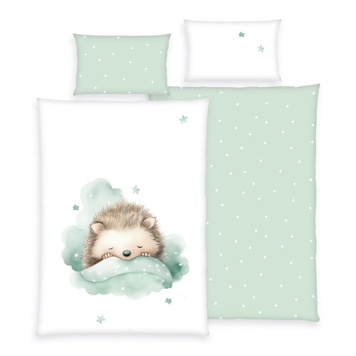 babybest Bettwäsche-Set ‘Kleiner Igel’ 100 x 135 cm: Bettbezug mit schlafendem Igel auf mintgrüner Wolke, Wendeseite mint mit Punkten, Kissen 40 x 60 cm
