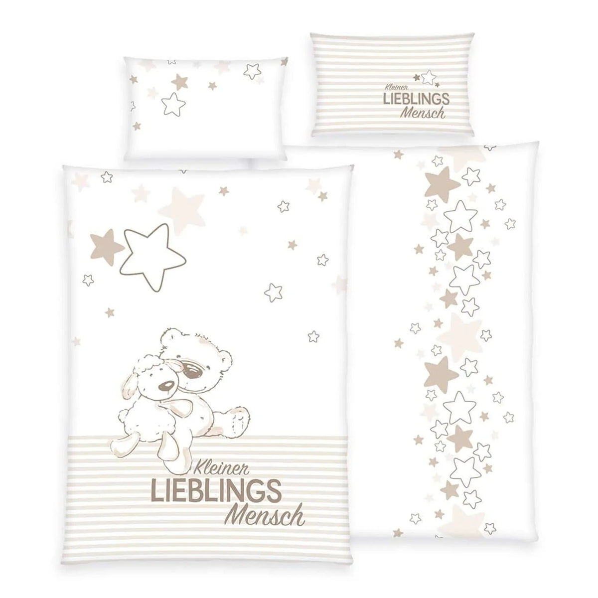 babybest Bettwäsche-Set ‘Kleiner Lieblingsmensch’ Beige 100 x 135 cm: Bettbezug weiß mit Sternen, Bär und Lamm und Schriftzug „Kleiner Lieblingsmensch“, Wendeseite weiß mit Sternen, Kissenbezug 40 x 60 cm mit Vorder- und Rückseite