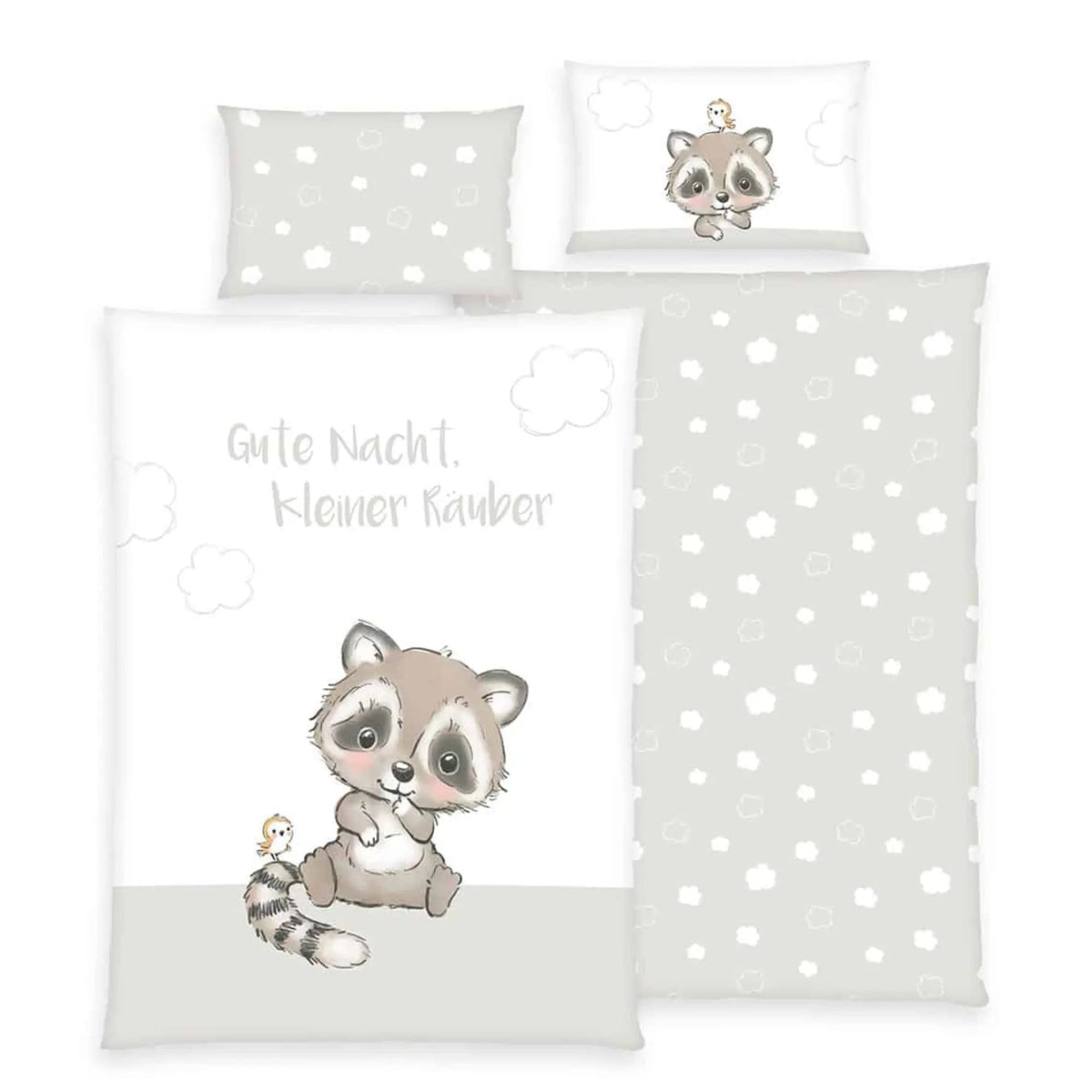 babybest Bettwäsche-Set ‘Kleiner Räuber’ 100 x 135 cm: Bettbezug mit Waschbär und Schriftzug „Gute Nacht, kleiner Räuber“, Wendeseite hellgrau mit Wolken, Kissen 40 x 60 cm