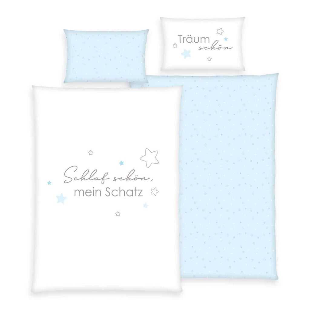 babybest Kleinkindbettwäsche ‘Kleiner Schatz’ in Blau: Schlaf schön, mein Schatz mit Sternen auf Weiß, Wendeseite hellblau mit Sternen