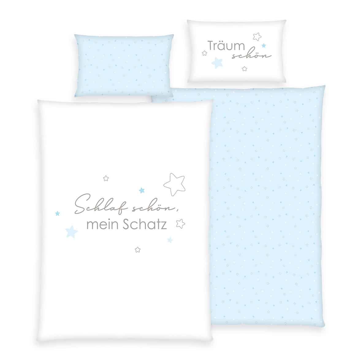 babybest Kleinkindbettwäsche ‘Kleiner Schatz’ in Blau: Schlaf schön, mein Schatz mit Sternen auf Weiß, Wendeseite hellblau mit Sternen