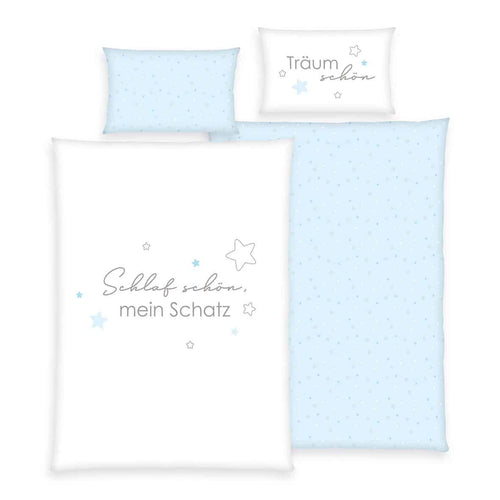 babybest Kleinkindbettwäsche ‘Kleiner Schatz’ in Blau: Schlaf schön, mein Schatz mit Sternen auf Weiß, Wendeseite hellblau mit Sternen