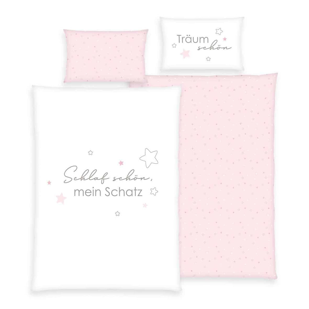 babybest Kleinkindbettwäsche ‘Kleiner Schatz’ in Rosa: Schlaf schön, mein Schatz mit Sternen auf Weiß, Wendeseite rosa mit Sternen
