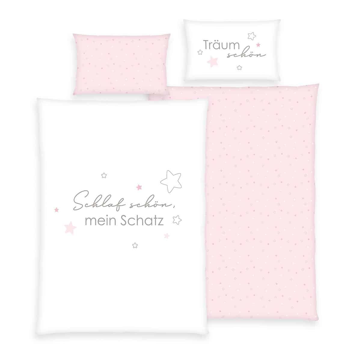 babybest Kleinkindbettwäsche ‘Kleiner Schatz’ in Rosa: Schlaf schön, mein Schatz mit Sternen auf Weiß, Wendeseite rosa mit Sternen