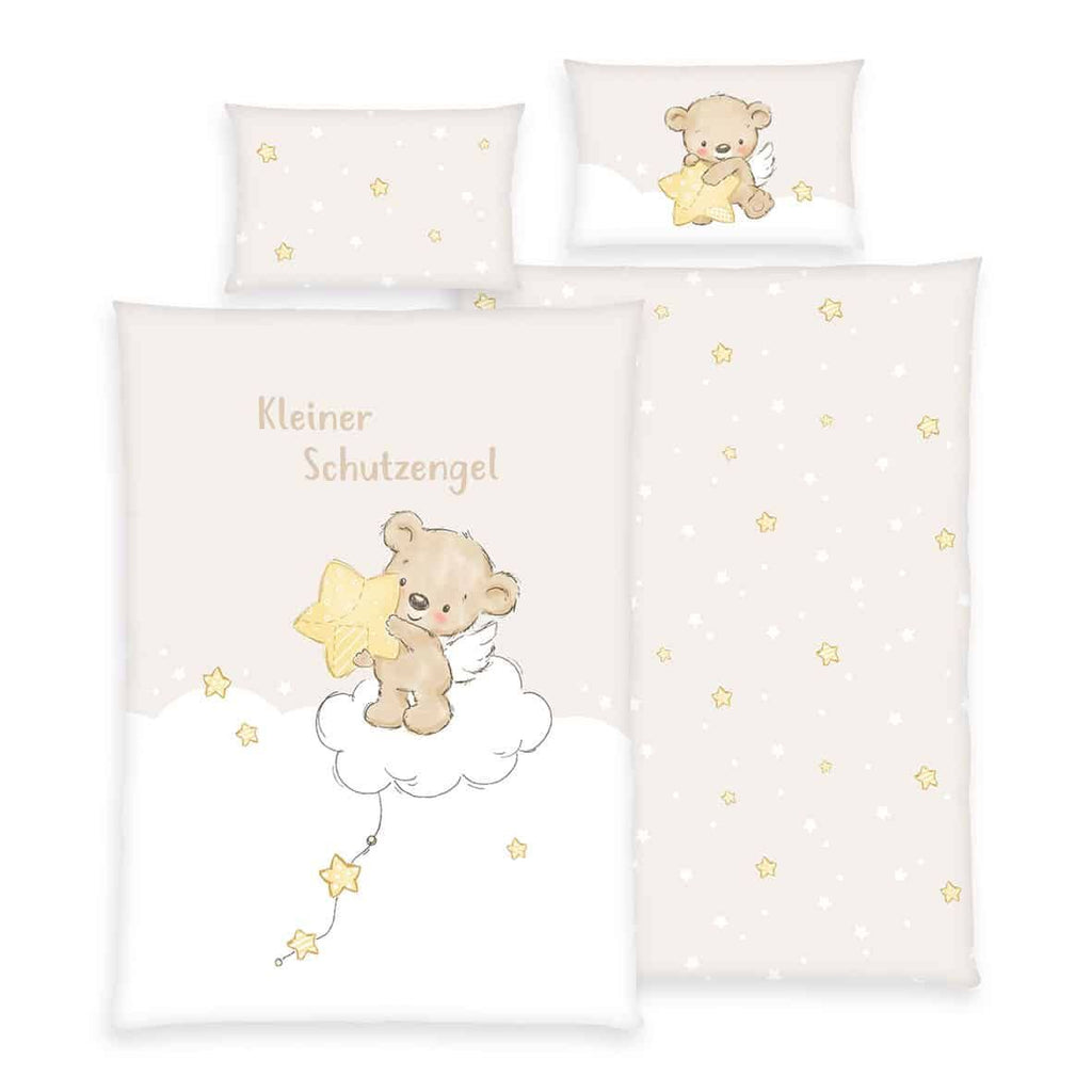 babybest Bettwäsche-Set ‘Kleiner Schutzengel’ 100 x 135 cm: Bettbezug mit Bär, Flügeln und Stern auf der Wolke, Wendeseite beige mit Sternen, Kissen 40 x 60 cm