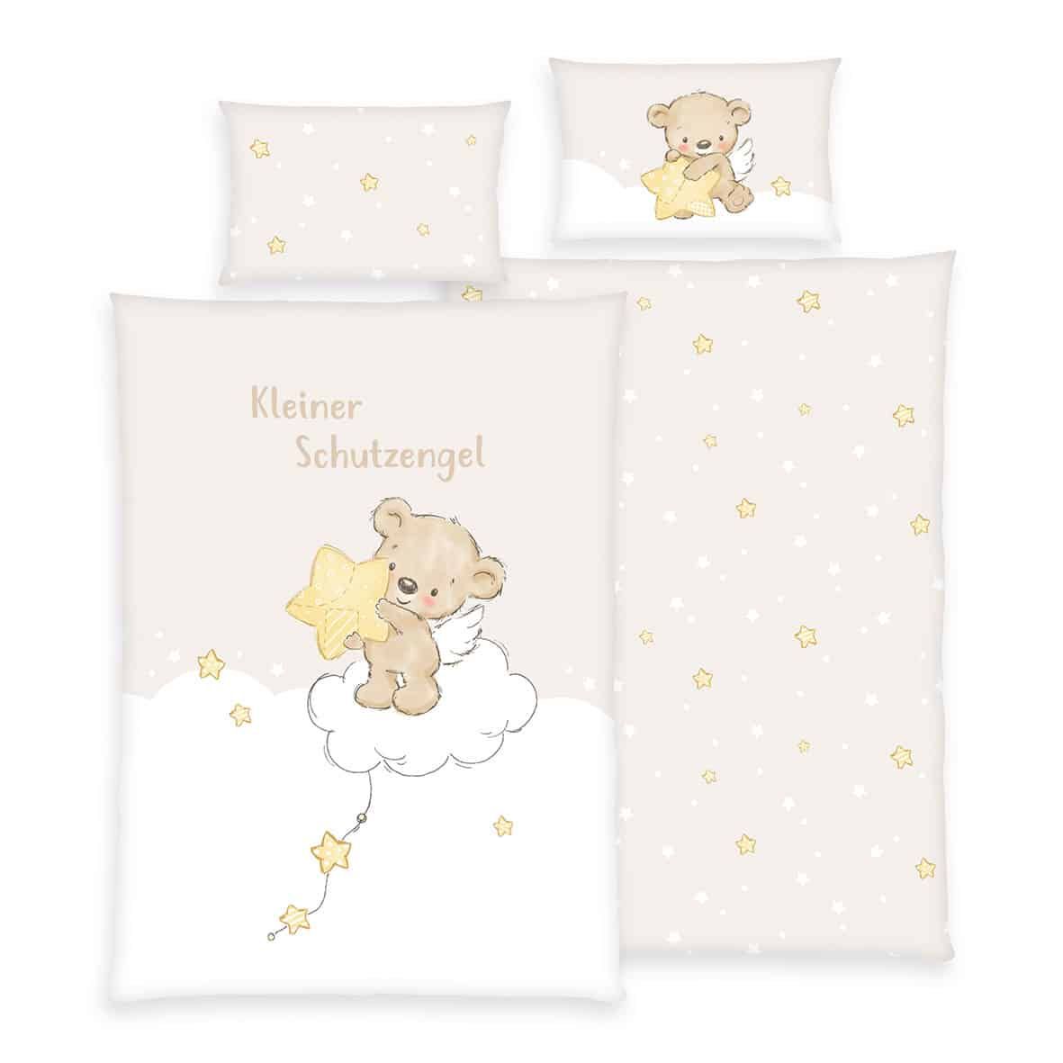 babybest Bettwäsche-Set ‘Kleiner Schutzengel’ 100 x 135 cm: Bettbezug mit Bär, Flügeln und Stern auf der Wolke, Wendeseite beige mit Sternen, Kissen 40 x 60 cm