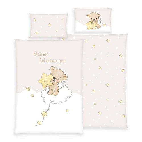 babybest Bettwäsche-Set ‘Kleiner Schutzengel’ 100 x 135 cm: Bettbezug mit Bär, Flügeln und Stern auf der Wolke, Wendeseite beige mit Sternen, Kissen 40 x 60 cm