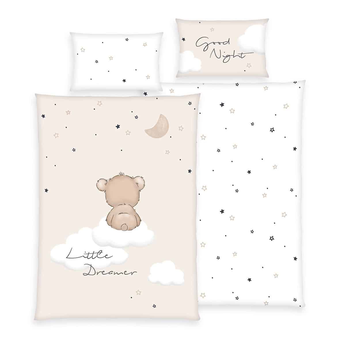 babybest Bettwäsche-Set ‘Little Dreamer’ Beige 100 x 135 cm: Bettbezug beige mit Bär auf der Wolke und Mond, Wendeseite weiß mit Sternen, Kissen 40 x 60 cm „Good Night“