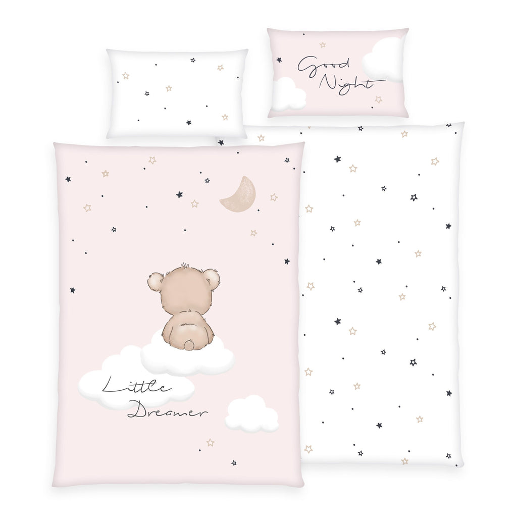 babybest Bettwäsche-Set ‘Little Dreamer’ Rosa 100 x 135 cm: Bettbezug rosa mit Bär auf der Wolke und Mond, Wendeseite weiß mit Sternen, Kissen 40 x 60 cm „Good Night“