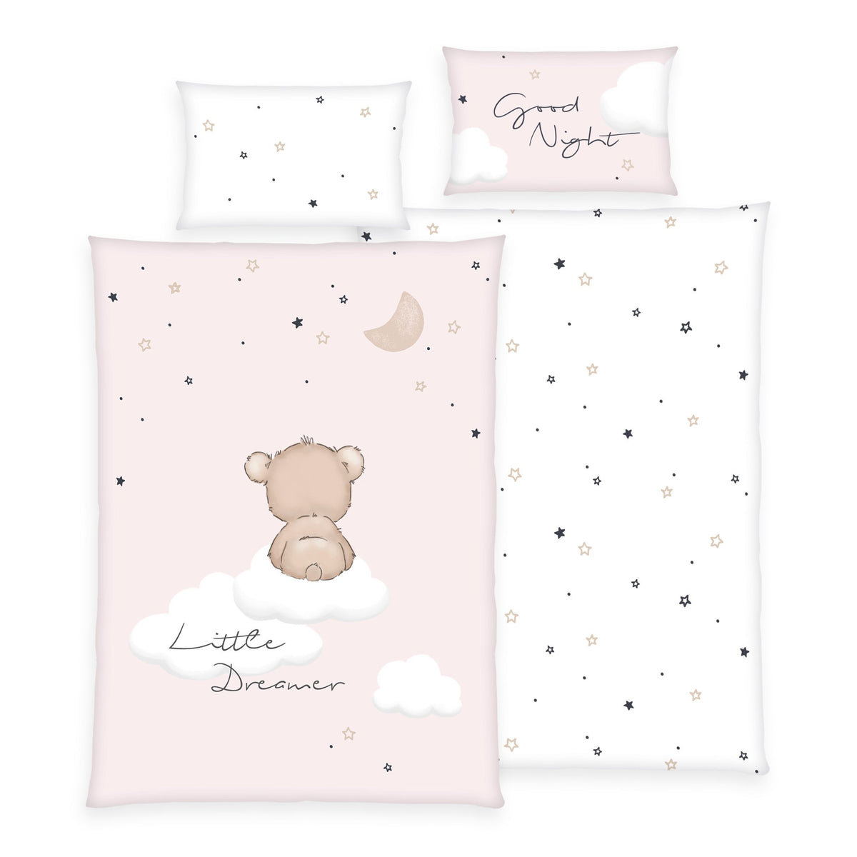 babybest Bettwäsche-Set ‘Little Dreamer’ Rosa 100 x 135 cm: Bettbezug rosa mit Bär auf der Wolke und Mond, Wendeseite weiß mit Sternen, Kissen 40 x 60 cm „Good Night“