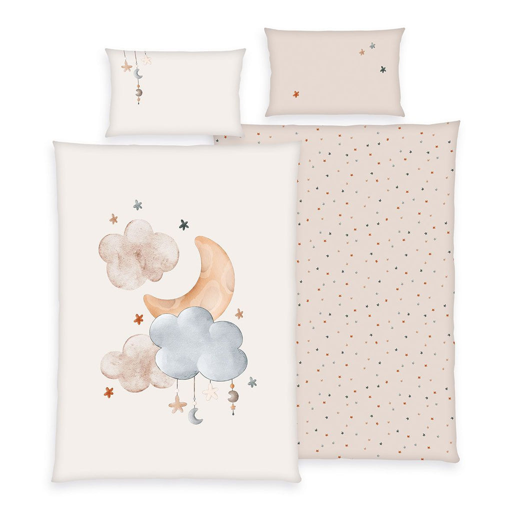 babybest Bettwäsche-Set ‘Moon and Stars’ 100 x 135 cm: Bettbezug creme mit Mond und Wolken als Mobile, Wendeseite creme mit bunten Sternen, Kissen 40 x 60 cm