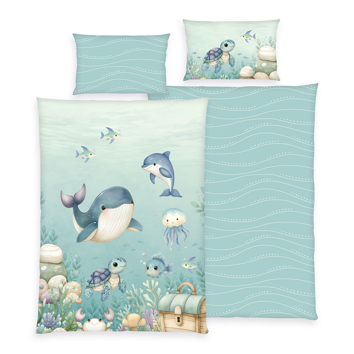 babybest Bettwäsche-Set ‘Ozeanfreunde’ 100 x 135 cm: Bettbezug türkis mit Wal, Delfin, Schildkröte und Qualle, Wendeseite mit Wellenlinien, Kissen 40 x 60 cm mit Schildkröte