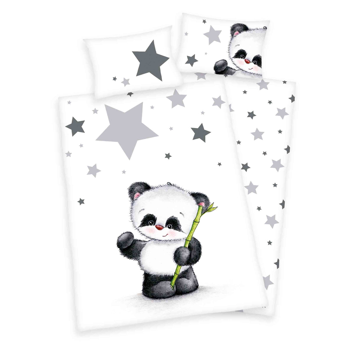 babybest Bettwäsche-Set ‘Panda’ 100 x 135 cm: Bettbezug weiß mit Panda und grauen Sternen, Wendeseite weiß mit Sternen, Kissen 40 x 60 cm