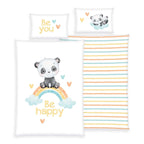 babybest Bettwäsche-Set ‘Regenbogen Panda’ 100 x 135 cm: Bettbezug weiß mit Panda auf dem Regenbogen und „Be happy“, Wendeseite mit Regenbogenstreifen, Kissen 40 x 60 cm „Be you“