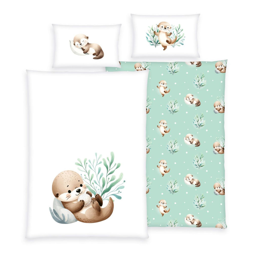 babybest Bettwäsche-Set ‘Schnuffel-Otter’ 100 x 135 cm: Bettbezug weiß mit Otter und Seegras, Wendeseite mint mit Otter-Allover, Kissen 40 x 60 cm