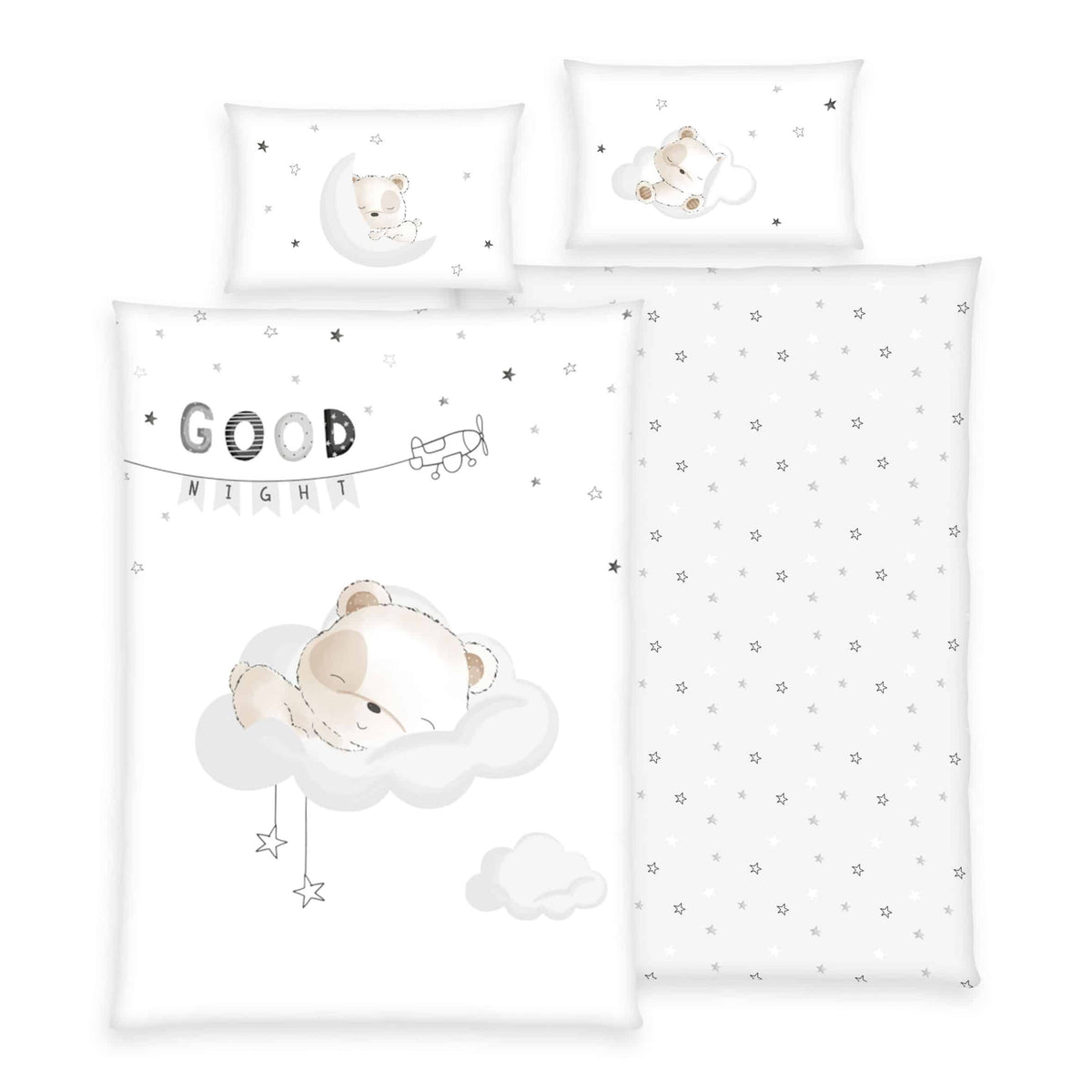 babybest Bettwäsche-Set ‘Sleeping little Bear’ 100 x 135 cm: Bettbezug mit schlafendem Bär auf der Wolke und „Good Night“-Wimpeln, Wendeseite weiß mit Sternen, Kissen 40 x 60 cm