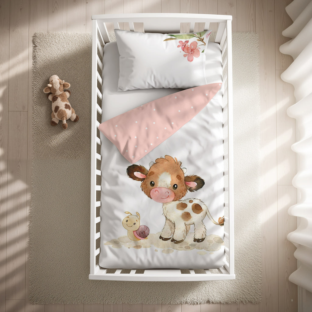 babybest Bettwäsche-Set ‘Süßes Kälbchen’ 100 x 135 cm mit Kissenbezug 40 x 60 cm im Gitterbett, Draufsicht mit rosa Wendeseite