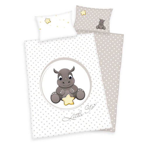 babybest Bettwäsche-Set ‘Süßes Nashorn’ 100 x 135 cm: Bettbezug mit Nashorn und Stern im Kreis, Wendeseite beige mit Punkten, Kissen 40 x 60 cm mit Sternen