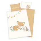 babybest Bettwäsche-Set ‘Waldfreunde’ 100 x 135 cm: Bettbezug mit Fuchs und Igel unter der Wimpelkette, Wendeseite senfgelb mit Punkten, Kissen 40 x 60 cm „Lucky Little One“