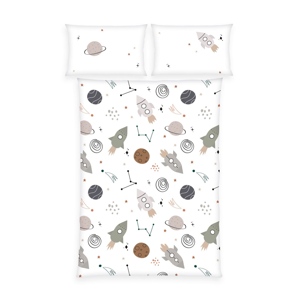 babybest Bettwäsche-Set ‘Weltall’ 100 x 135 cm: Bettbezug mit Raketen, Planeten und Sternbildern auf Weiß, Kissen 40 x 60 cm mit Rakete und Planet