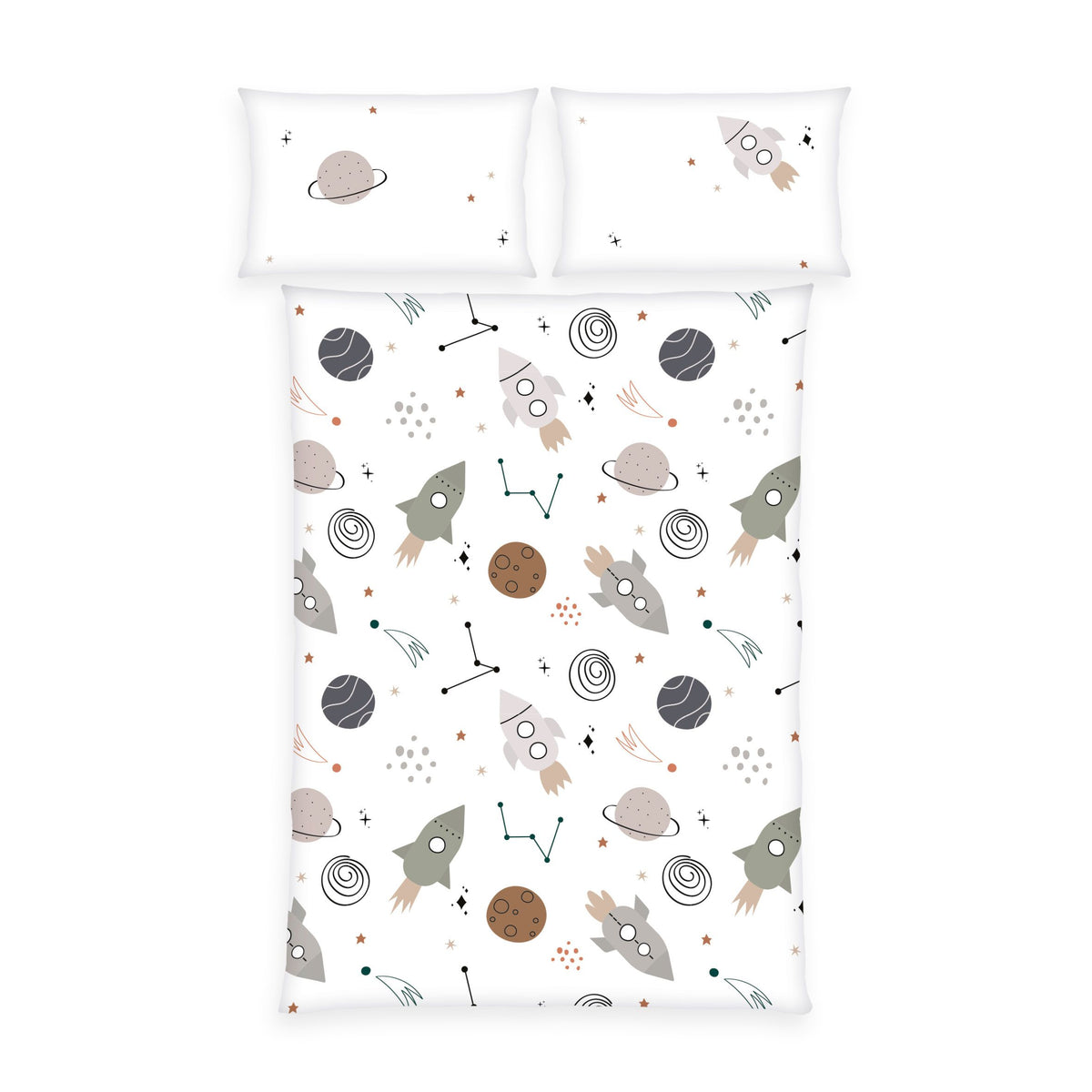 babybest Bettwäsche-Set ‘Weltall’ 100 x 135 cm: Bettbezug mit Raketen, Planeten und Sternbildern auf Weiß, Kissen 40 x 60 cm mit Rakete und Planet