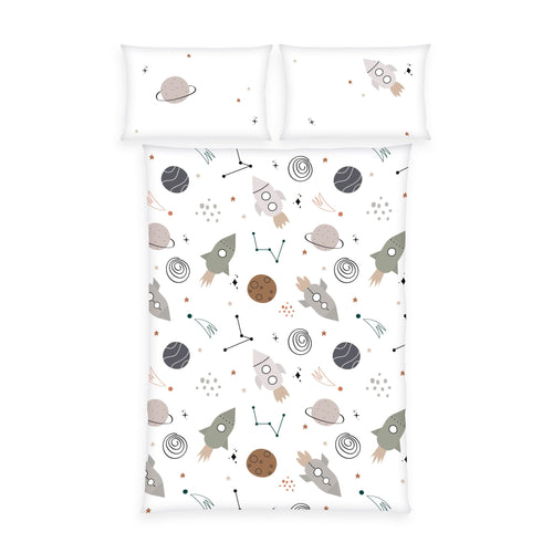 babybest Bettwäsche-Set ‘Weltall’ 100 x 135 cm: Bettbezug mit Raketen, Planeten und Sternbildern auf Weiß, Kissen 40 x 60 cm mit Rakete und Planet