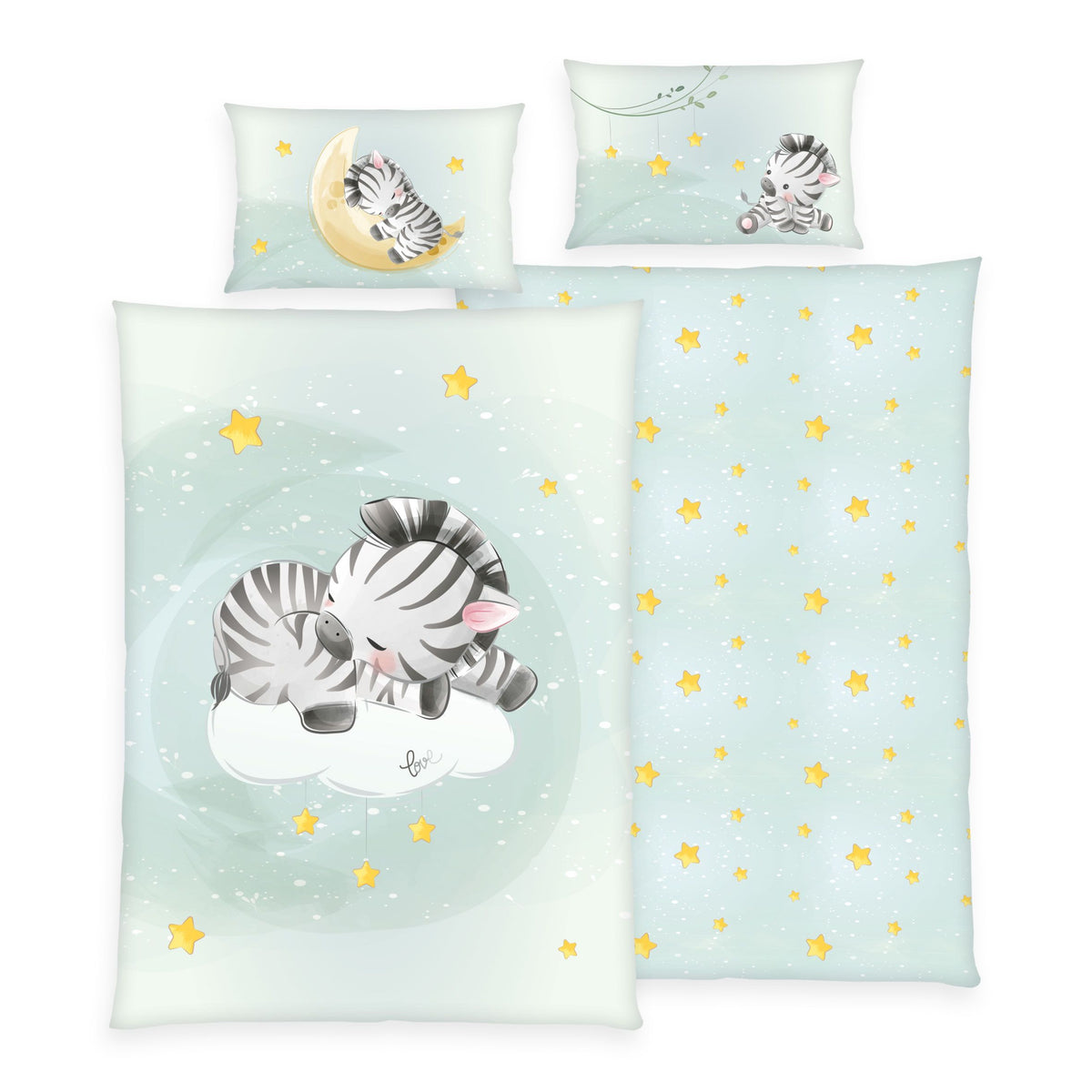 babybest Bettwäsche-Set ‘Zebra’ 100 x 135 cm: Bettbezug mint mit schlafendem Zebra auf der Wolke, Wendeseite mint mit gelben Sternen, Kissen 40 x 60 cm mit Zebra auf dem Mond