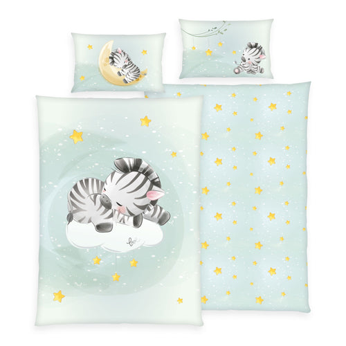 babybest Bettwäsche-Set ‘Zebra’ 100 x 135 cm: Bettbezug mint mit schlafendem Zebra auf der Wolke, Wendeseite mint mit gelben Sternen, Kissen 40 x 60 cm mit Zebra auf dem Mond
