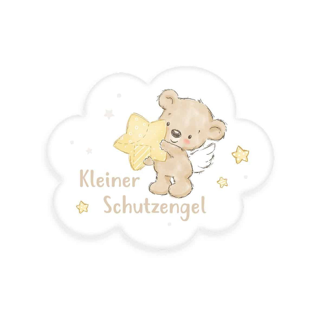 babybest Formkissen ‘Kleiner Schutzengel’ ca. 33 x 29 cm in Wolkenform: Teddy mit Flügeln und gelbem Stern, Schriftzug „Kleiner Schutzengel“