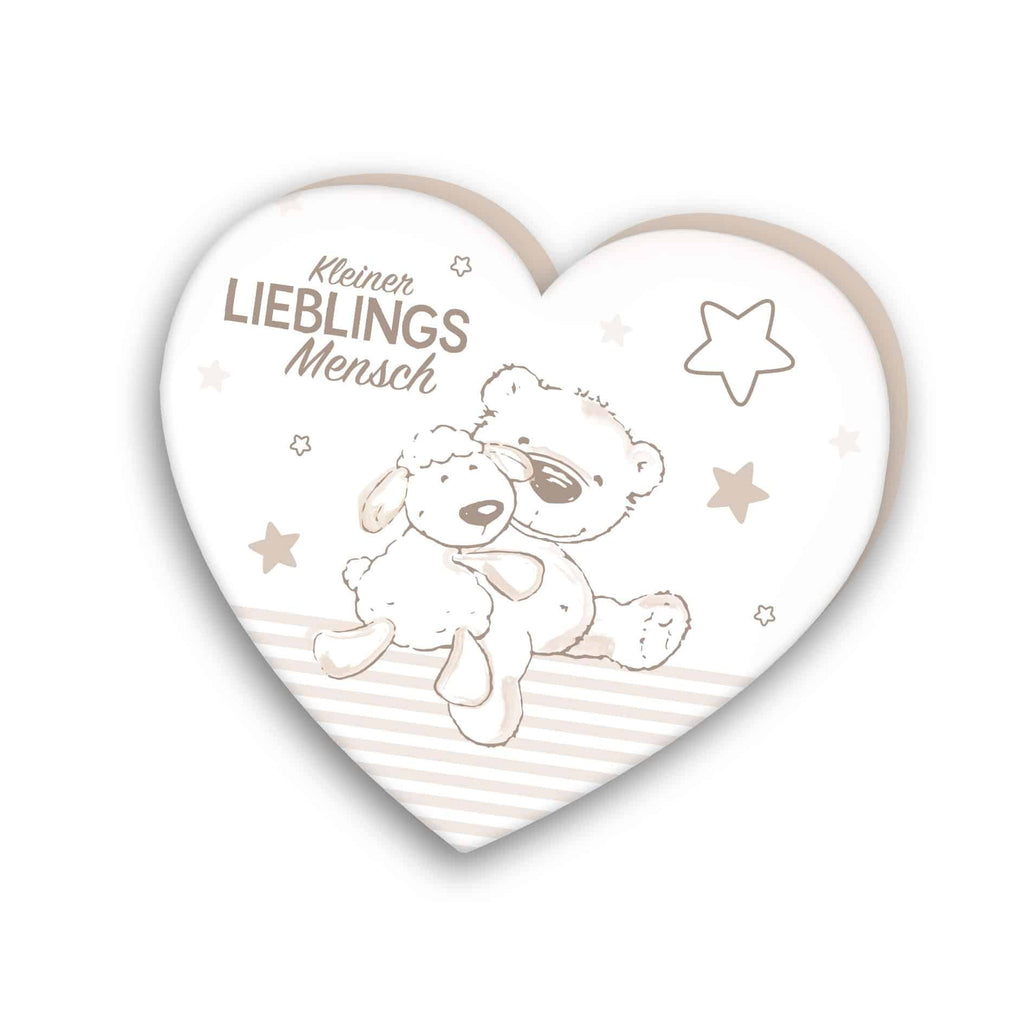 babybest Herzkissen ‘Kleiner Lieblingsmensch’ ca. 33 x 29 cm: Teddy mit Schäfchen, Sterne und Schriftzug in Taupe auf Cremeweiß