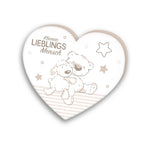 babybest Herzkissen ‘Kleiner Lieblingsmensch’ ca. 33 x 29 cm: Teddy mit Schäfchen, Sterne und Schriftzug in Taupe auf Cremeweiß