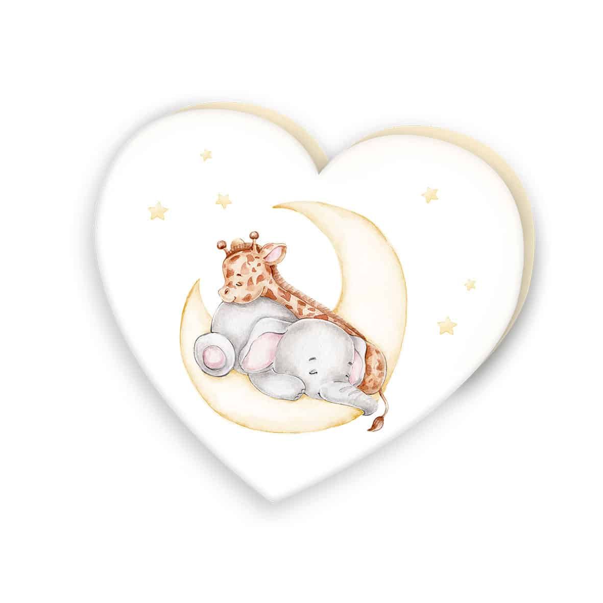 babybest Herzkissen ‘Sleeping on the Moon’ ca. 33 x 29 cm: Giraffe und Elefant auf der Mondsichel zwischen kleinen Sternen